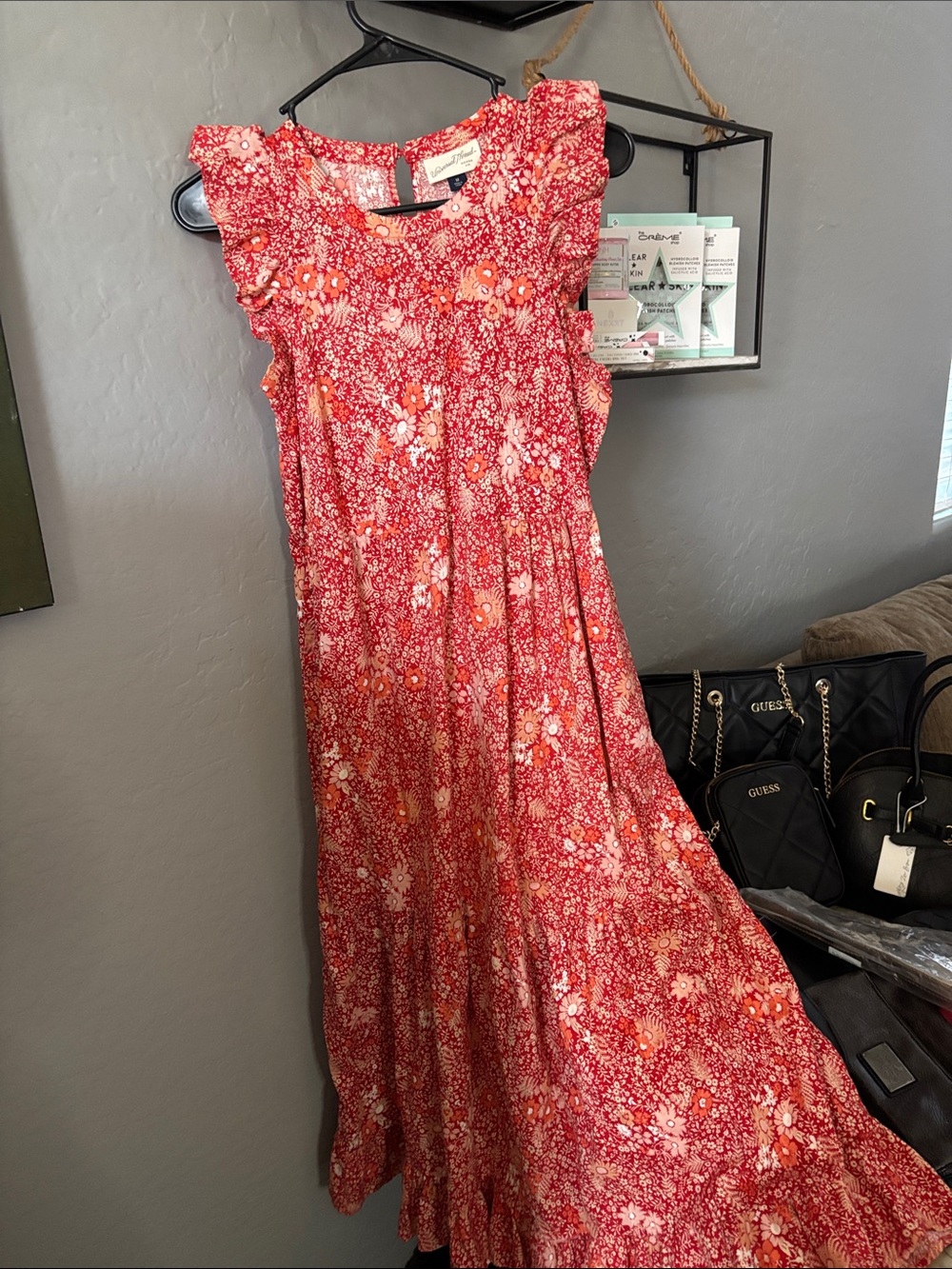 Universal Thread Red Floral Maxi Dress with Ruffle Cap Sleeves